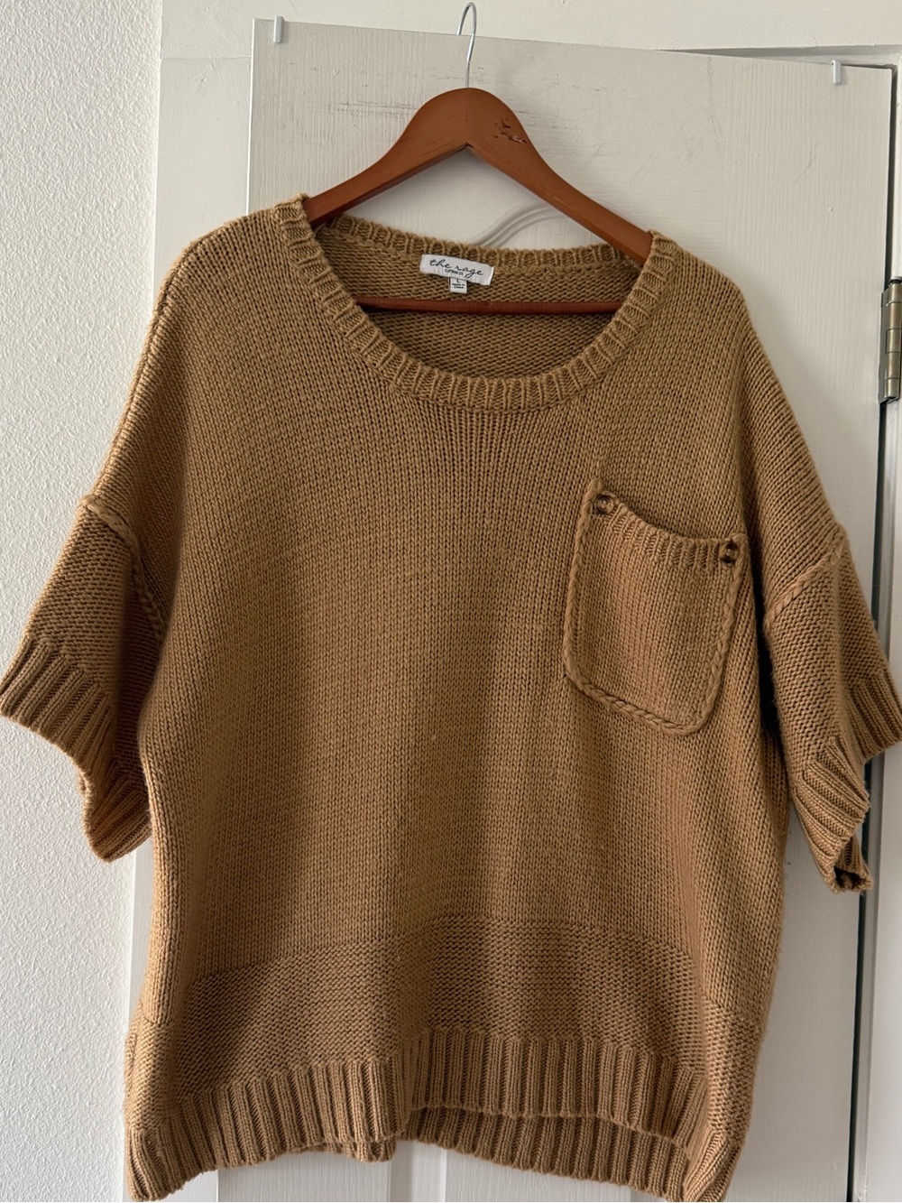 The Rage Clothing Co Camel Knit Sweater Top Short Sleeve Pocket Oversized Large